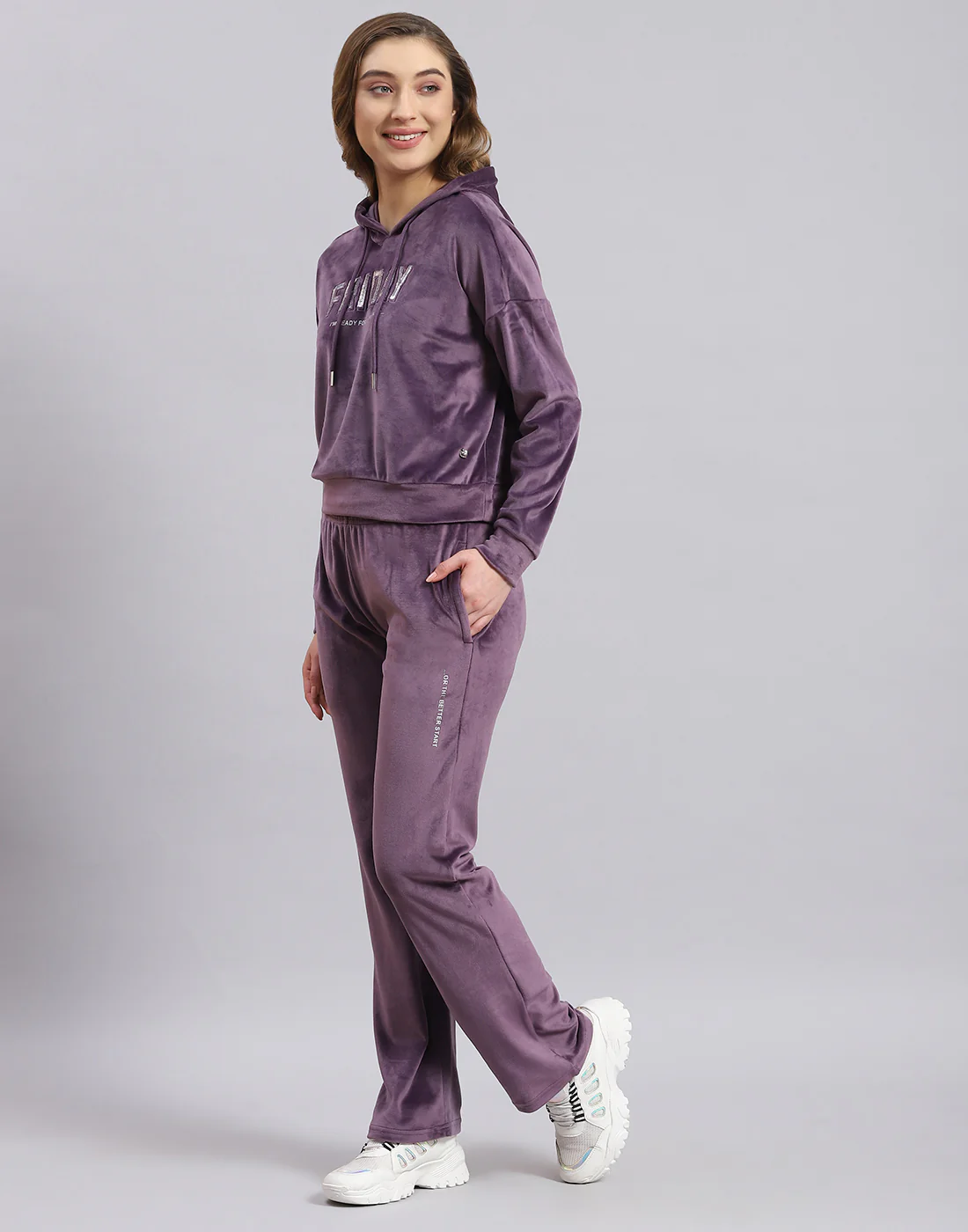 Women Purple Embroidered Hooded Full Sleeve Tracksuit - Image 3
