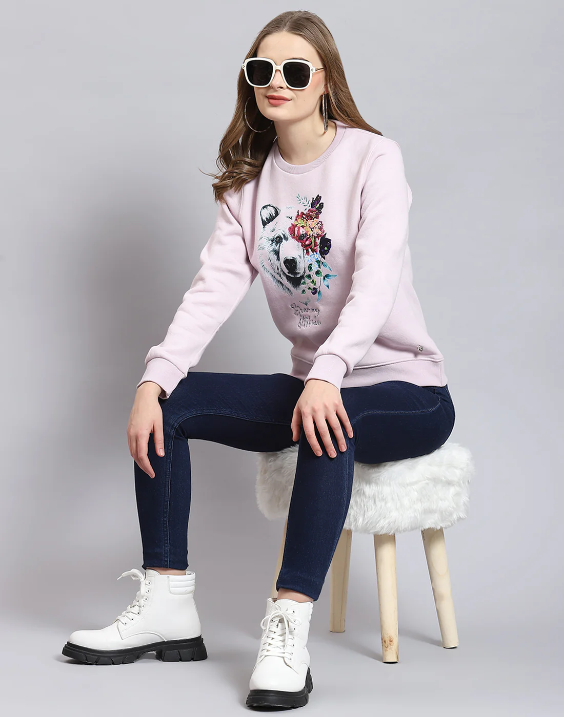 Women Purple Embroidered Round Neck Full Sleeve Sweatshirt - Image 2
