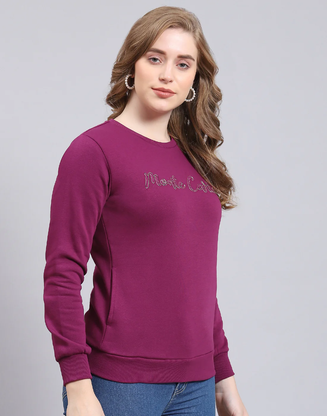 Women Purple Embroidered Round Neck Full Sleeve Sweatshirt - Image 4