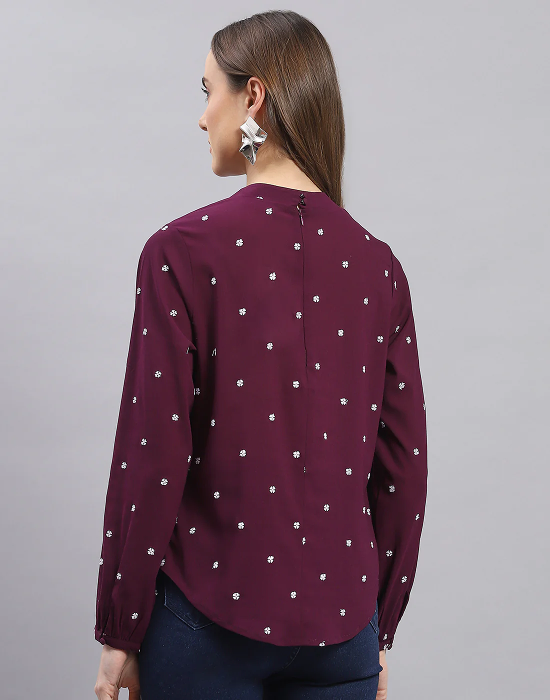 Women Purple Embroidered Round Neck Full Sleeve Top - Image 5