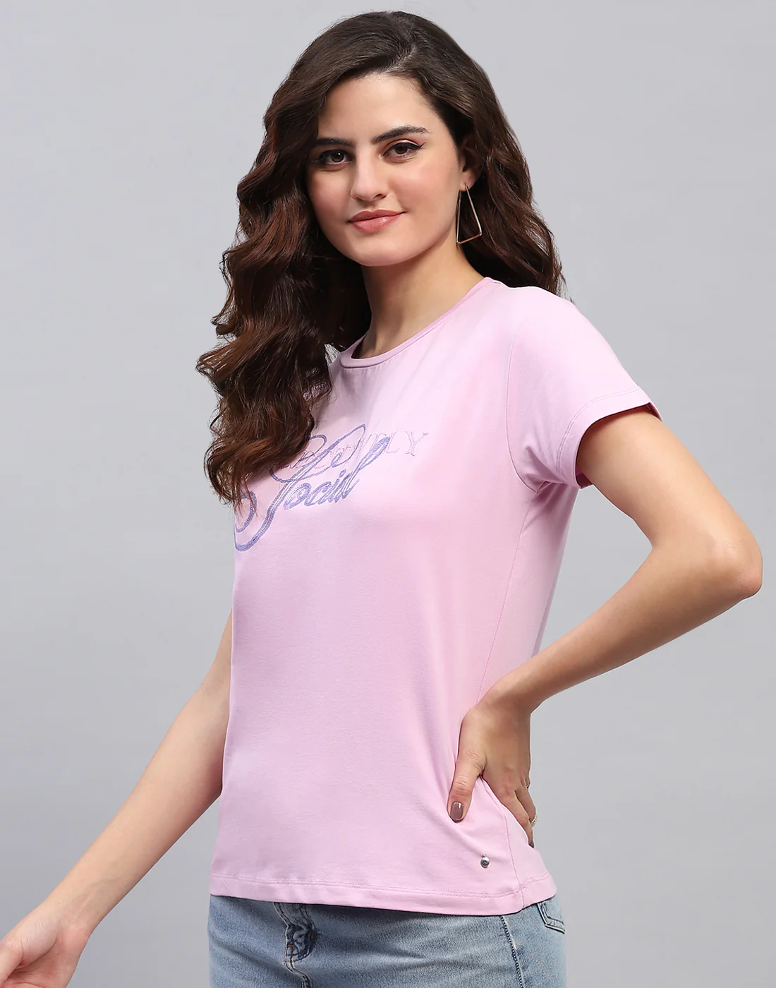 Women Purple Embroidered Round Neck Half Sleeve Top - Image 3