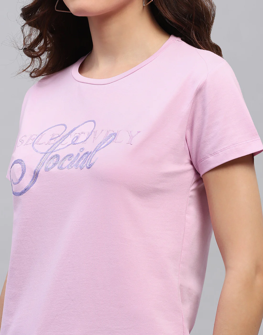 Women Purple Embroidered Round Neck Half Sleeve Top - Image 6