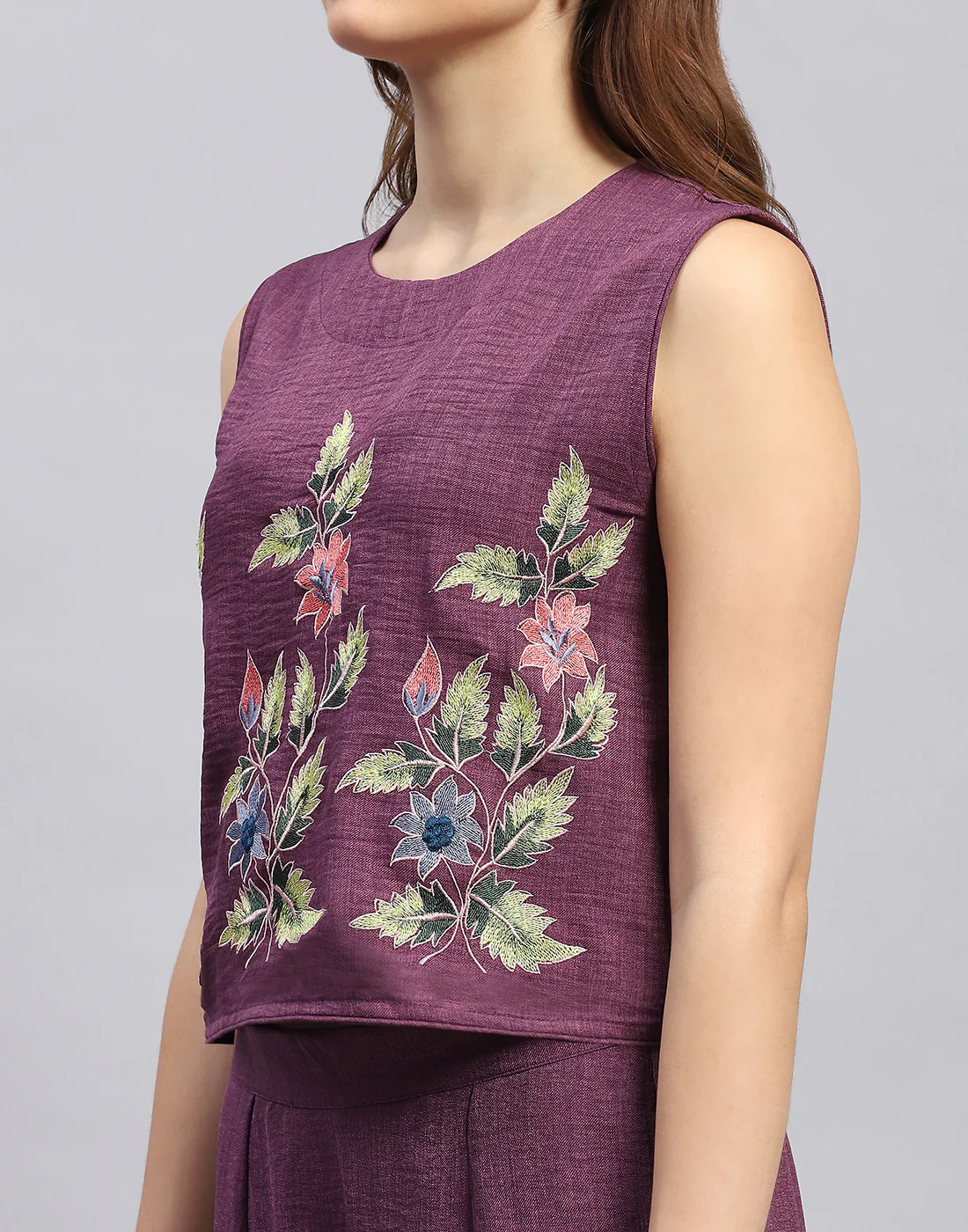 Women Purple Floral Print Collar Neck Sleeveless Cords Set - Image 2