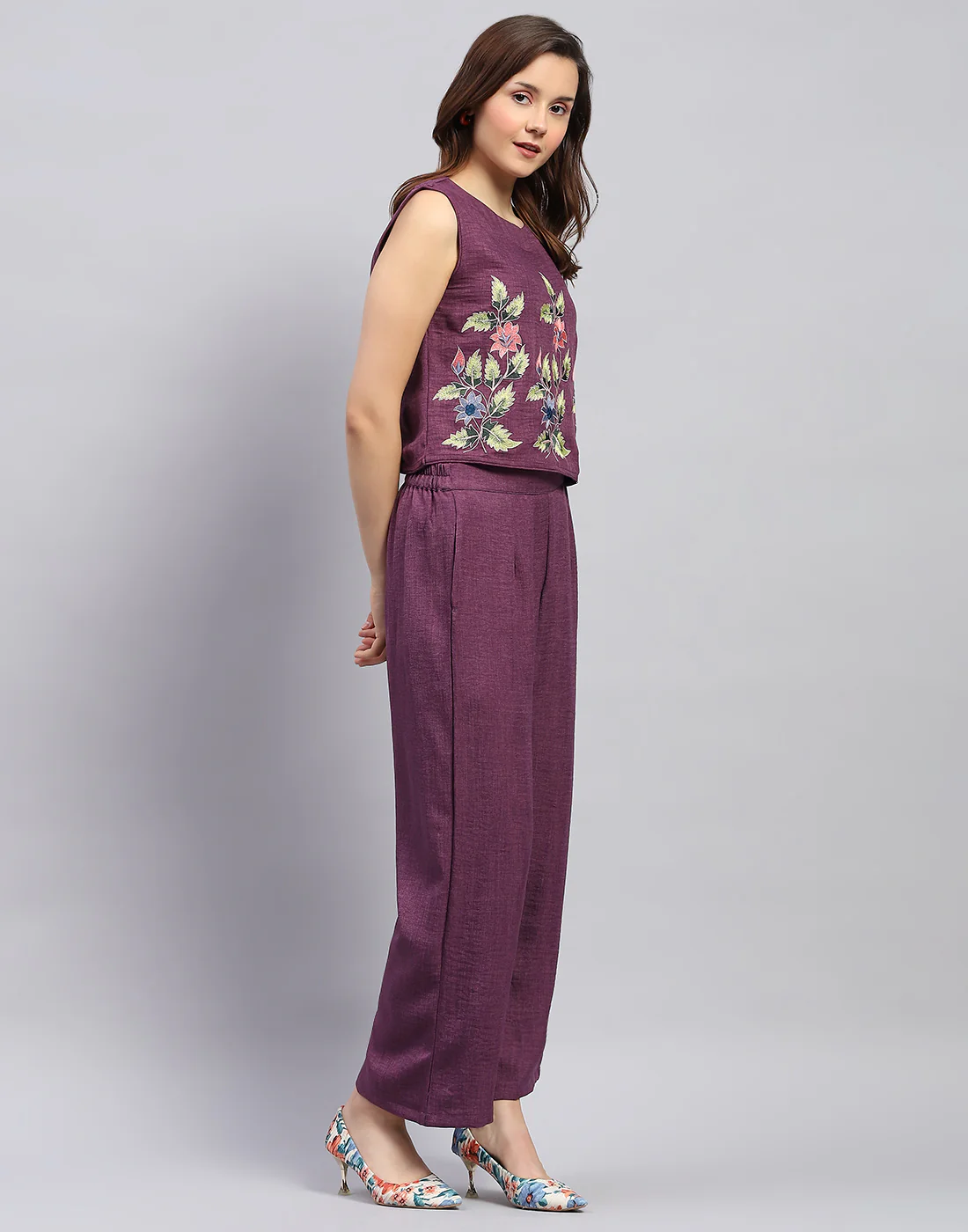 Women Purple Floral Print Collar Neck Sleeveless Cords Set - Image 5