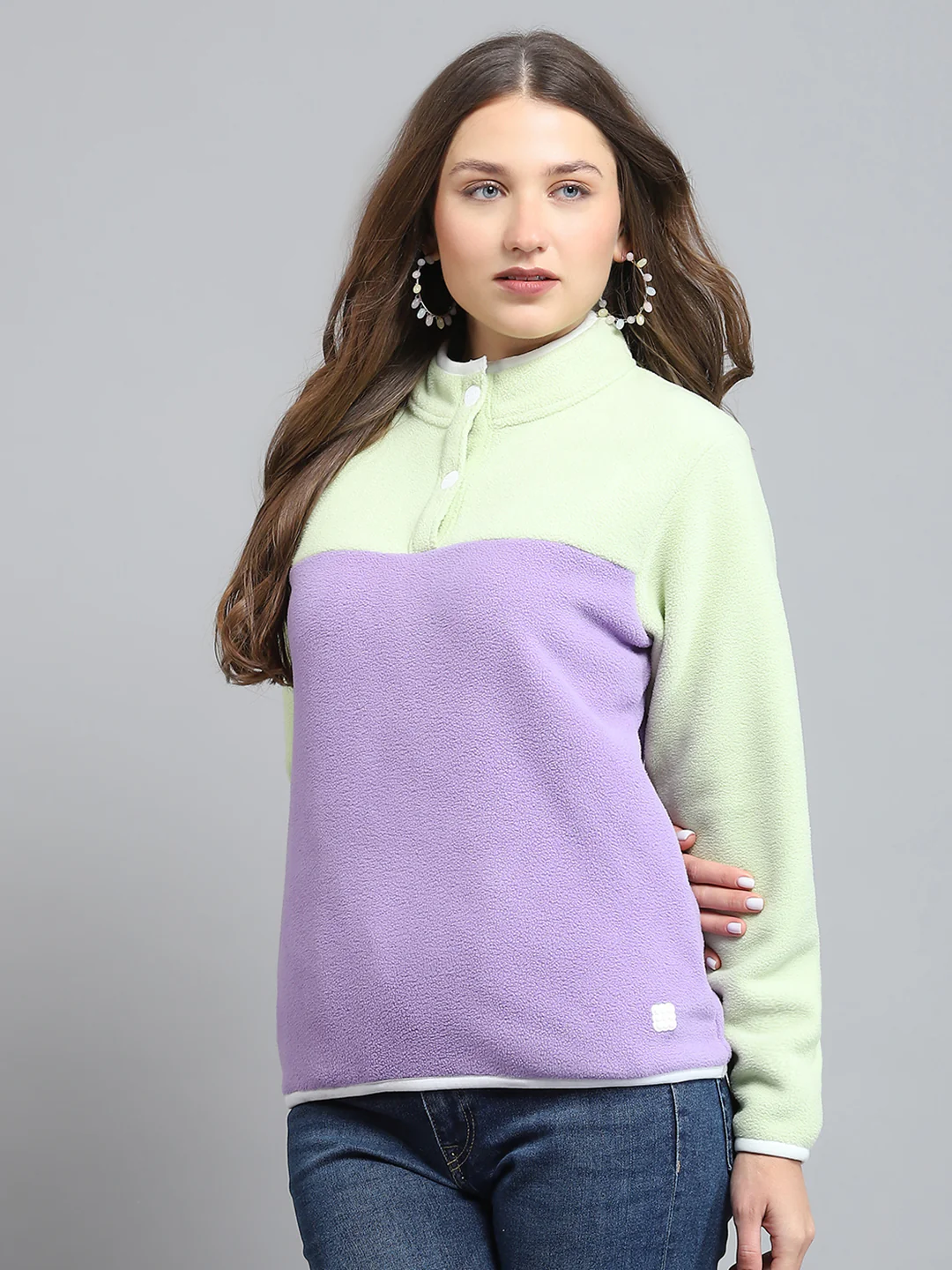 Rock.it Women Purple & Green Self Design Mock Neck Full Sleeve Sweatshirt - Image 3