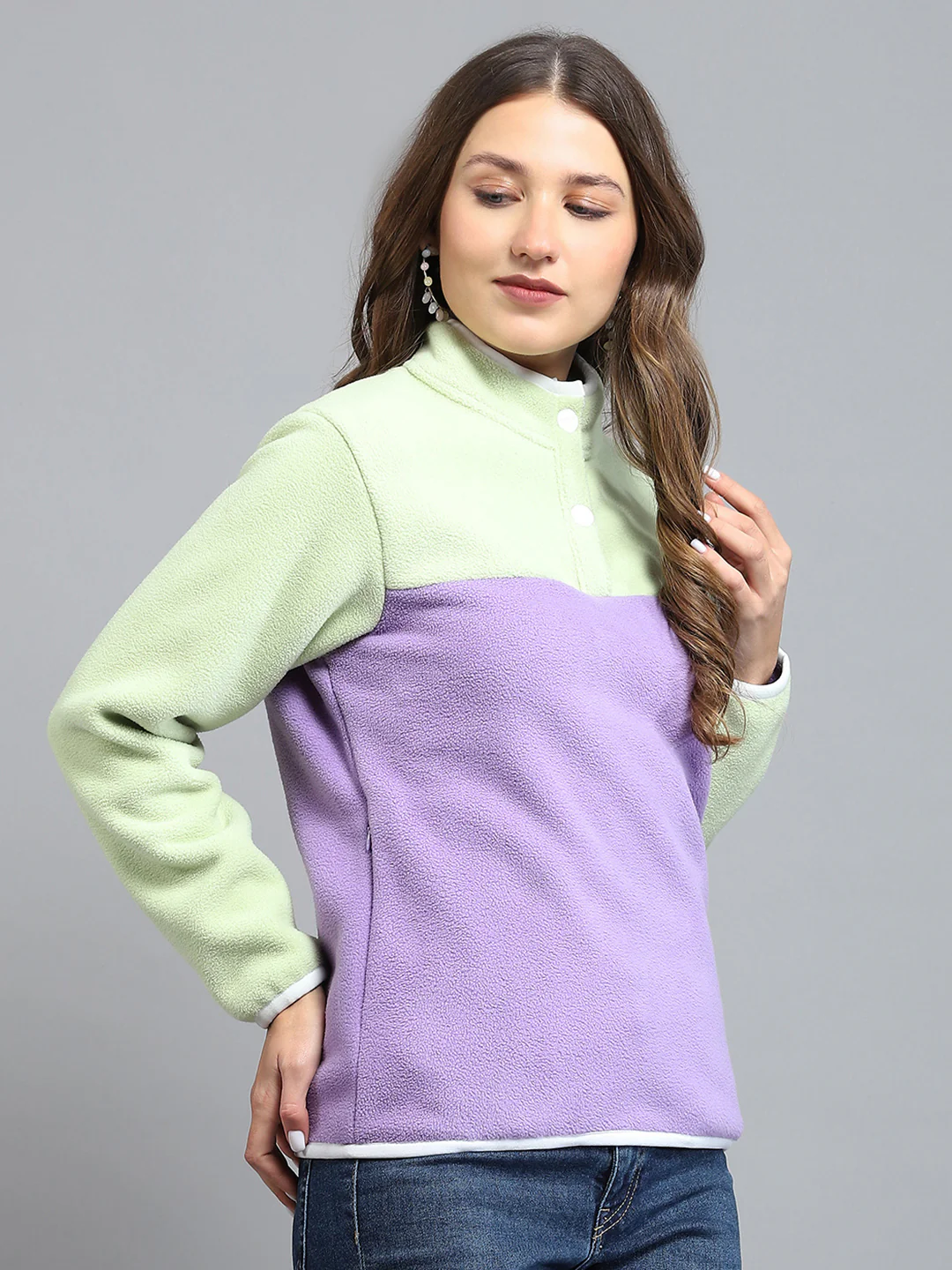 Rock.it Women Purple & Green Self Design Mock Neck Full Sleeve Sweatshirt - Image 4