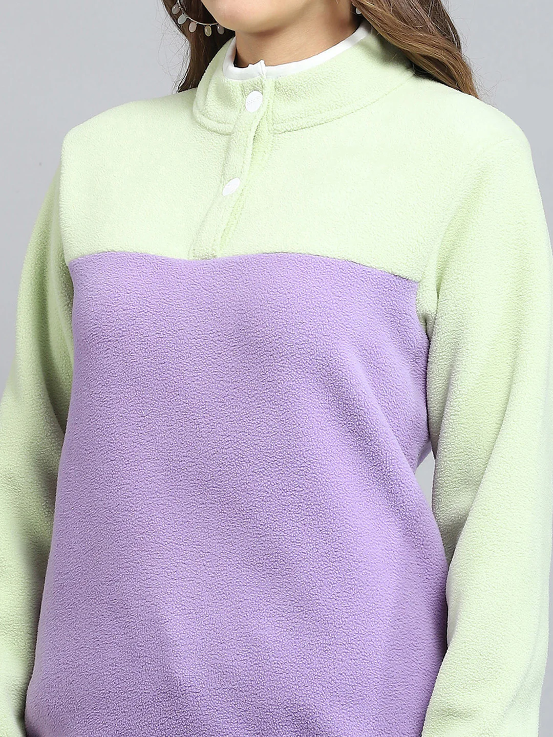 Rock.it Women Purple & Green Self Design Mock Neck Full Sleeve Sweatshirt - Image 6