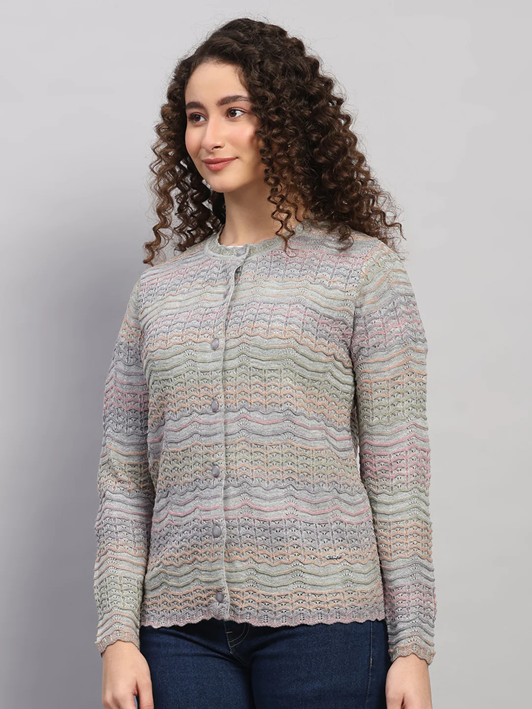 Women Purple Jaquard Round Neck Full Sleeve Cardigan - Image 3