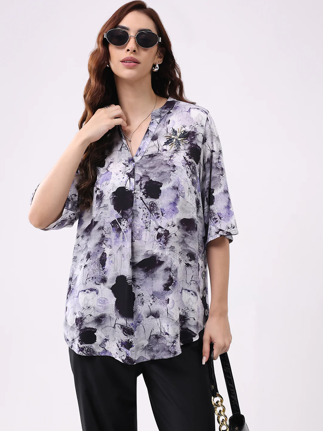 Women Purple Printed Band Neck 3/4th Sleeve Cords Set - Image 2