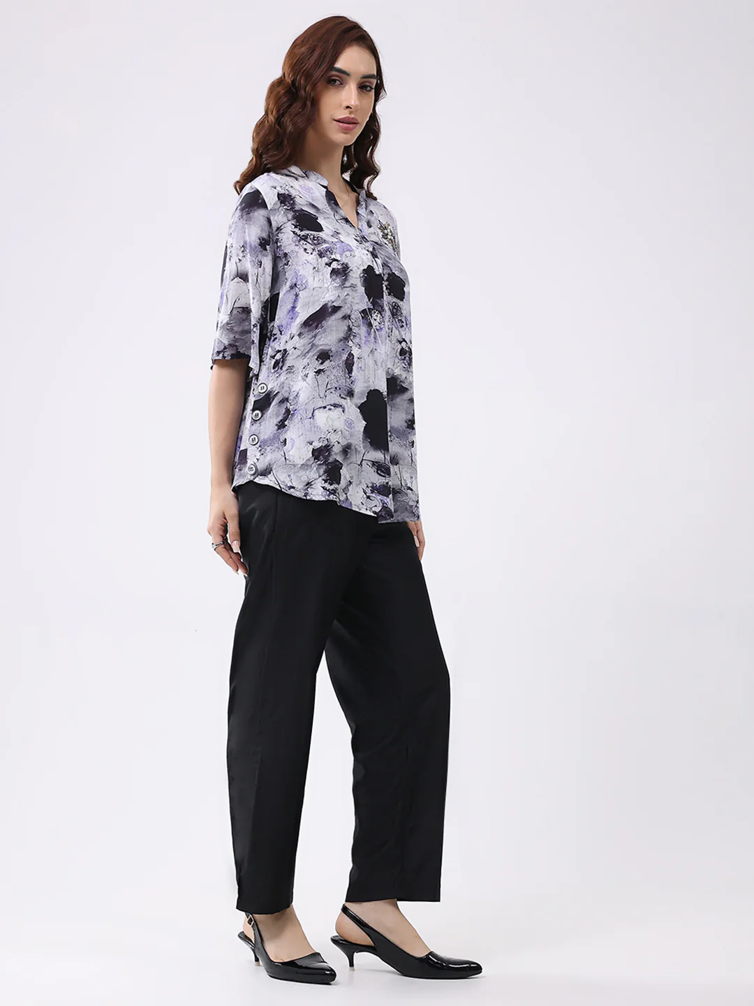 Women Purple Printed Band Neck 3/4th Sleeve Cords Set - Image 5