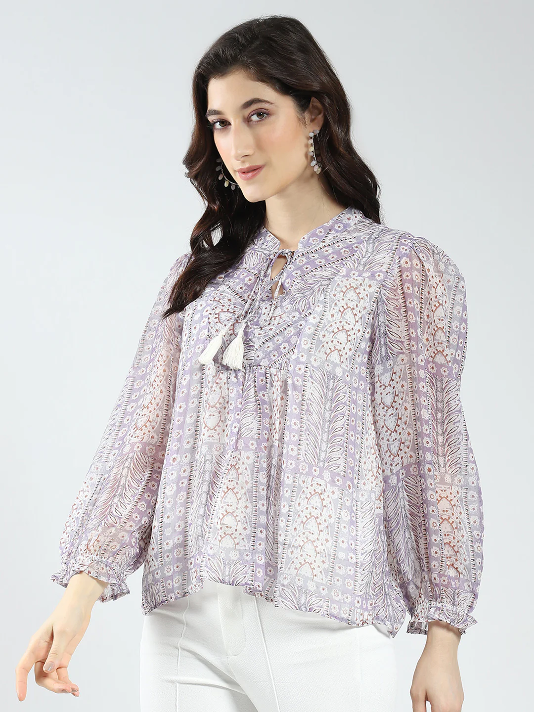 Women Purple Printed Band Neck Full Sleeve Top - Image 4