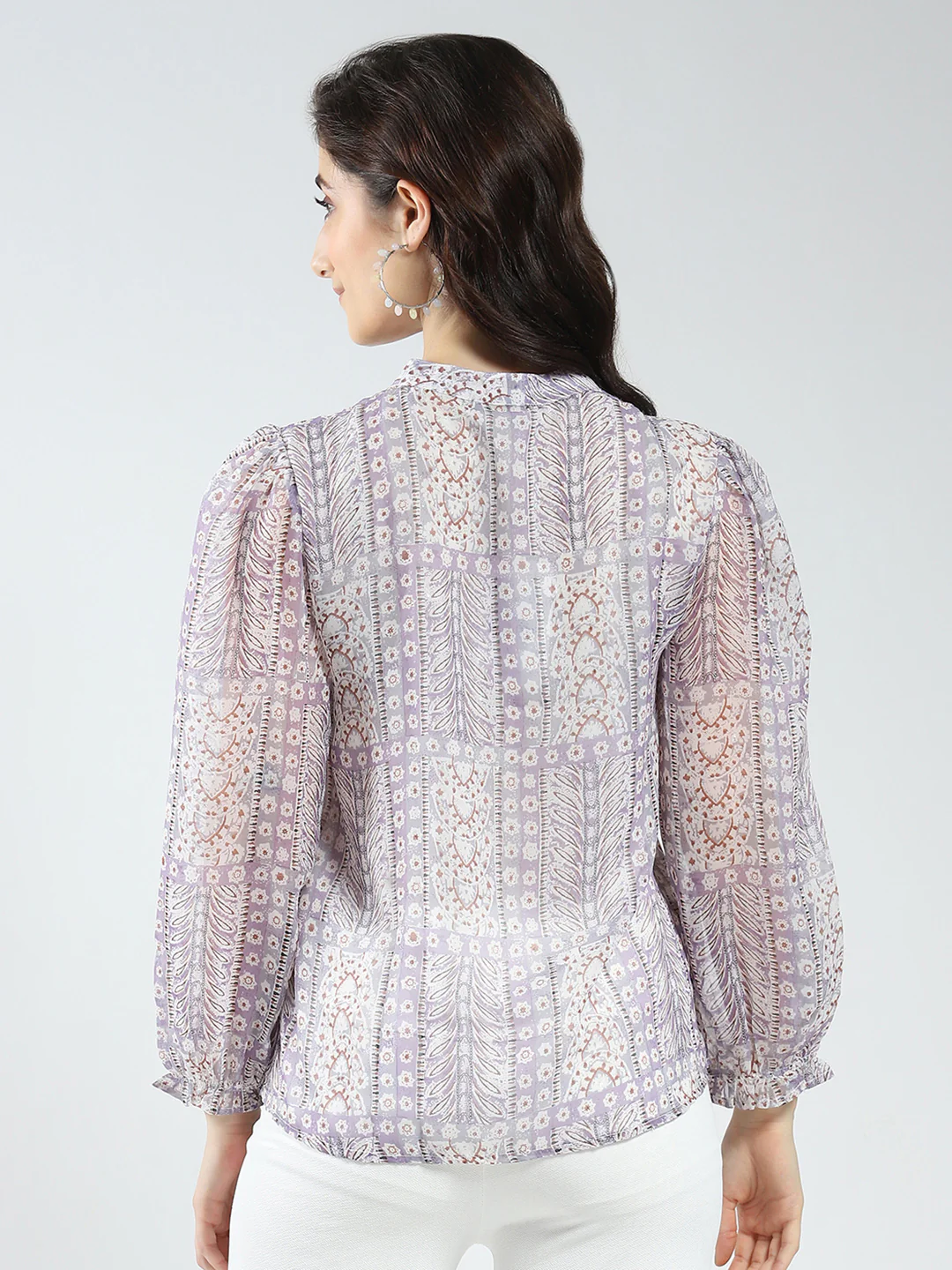 Women Purple Printed Band Neck Full Sleeve Top - Image 6