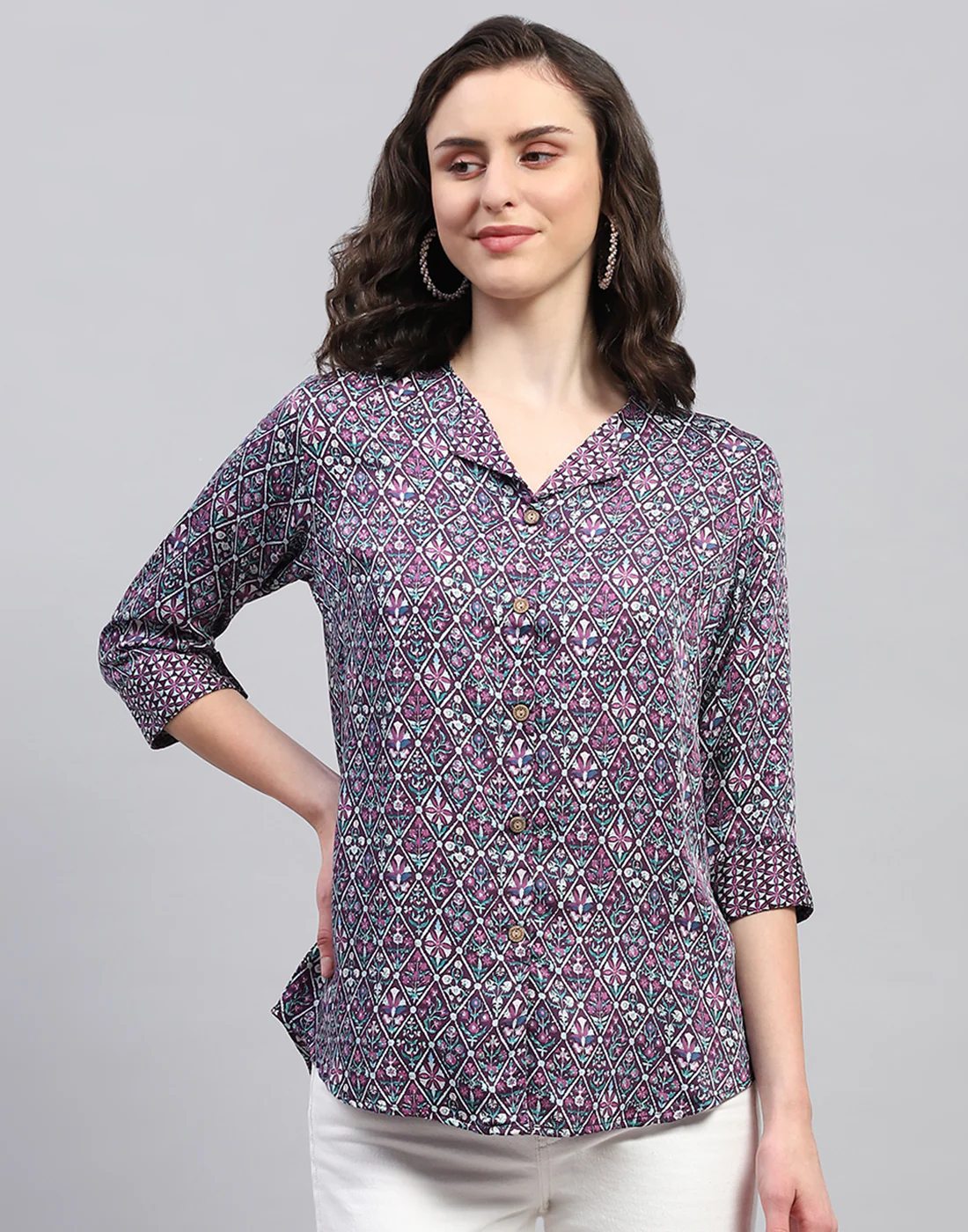 Women Purple Printed Collar Neck 3/4 Sleeve Top