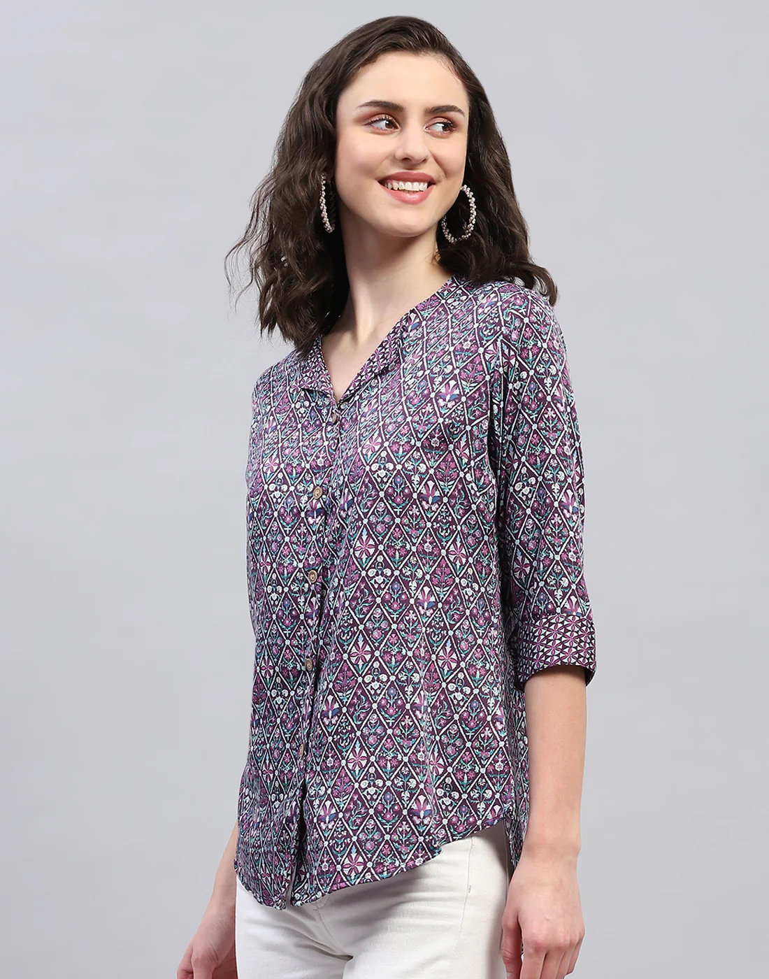 Women Purple Printed Collar Neck 3/4 Sleeve Top - Image 4