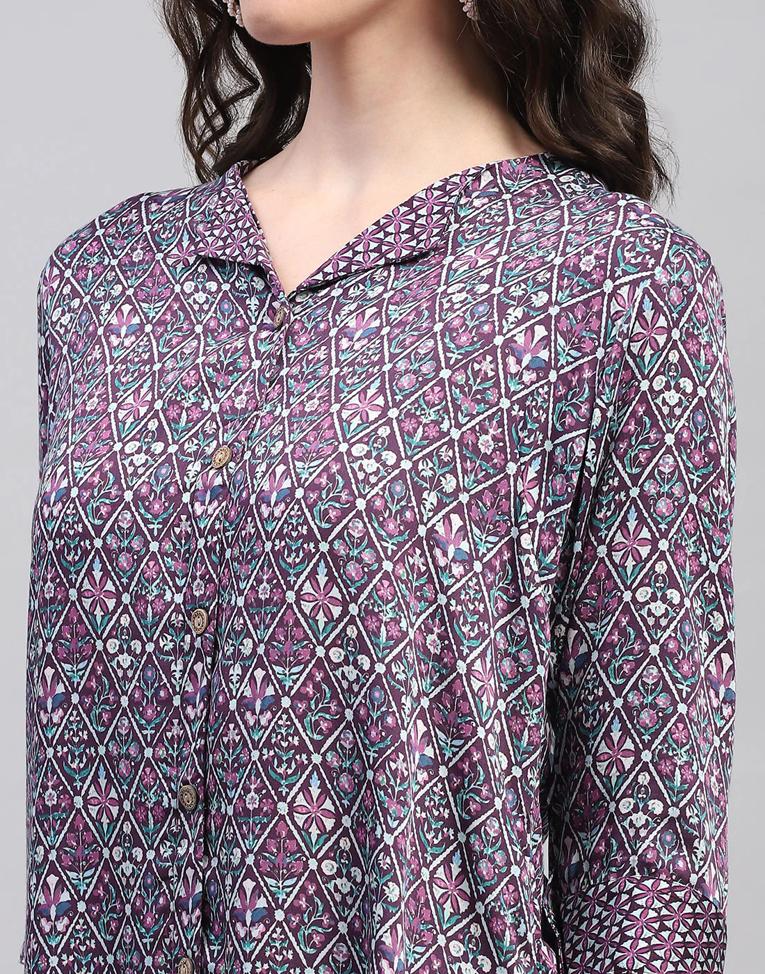 Women Purple Printed Collar Neck 3/4 Sleeve Top - Image 7