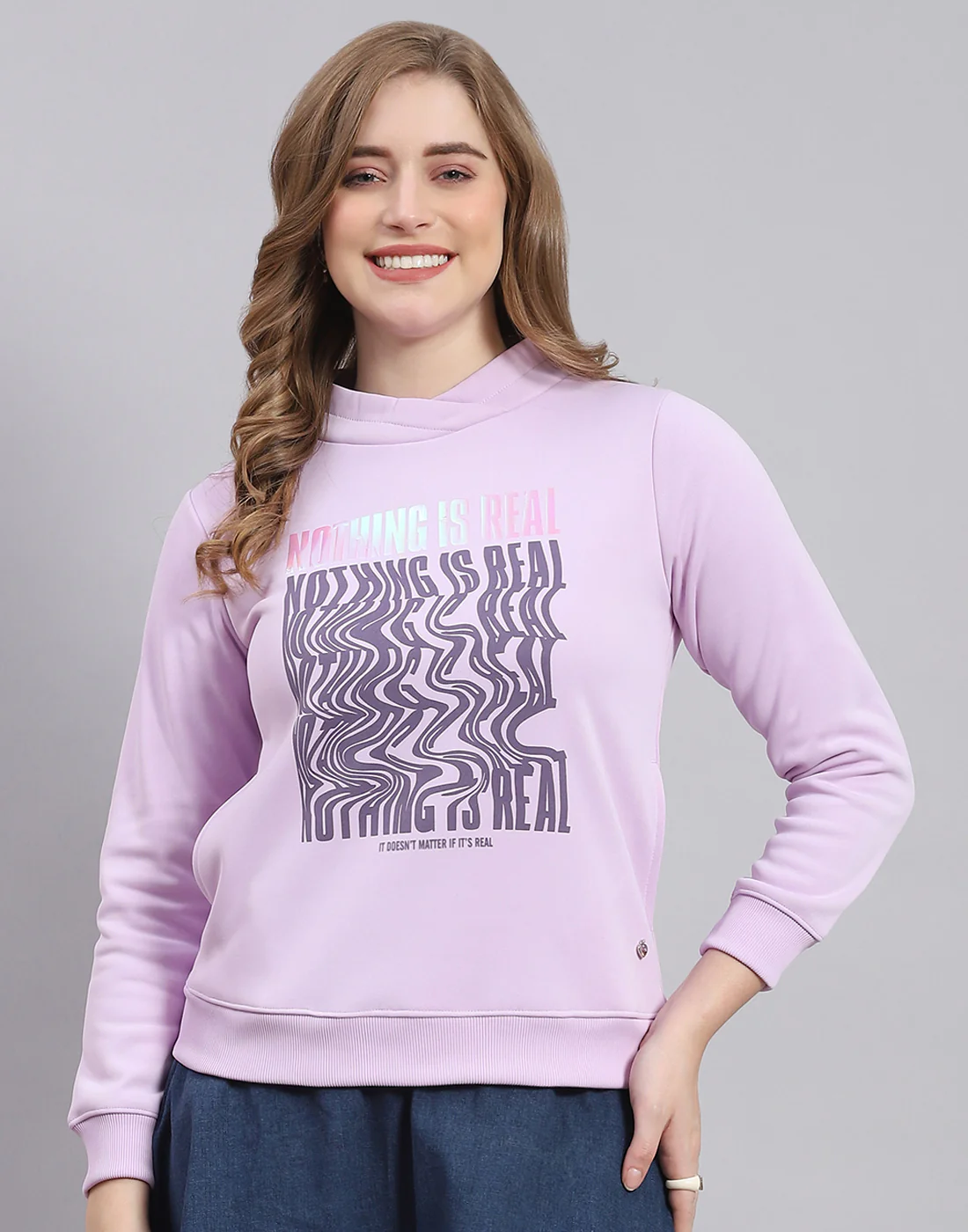 Women Purple Printed H Neck Full Sleeve Sweatshirt - Image 2