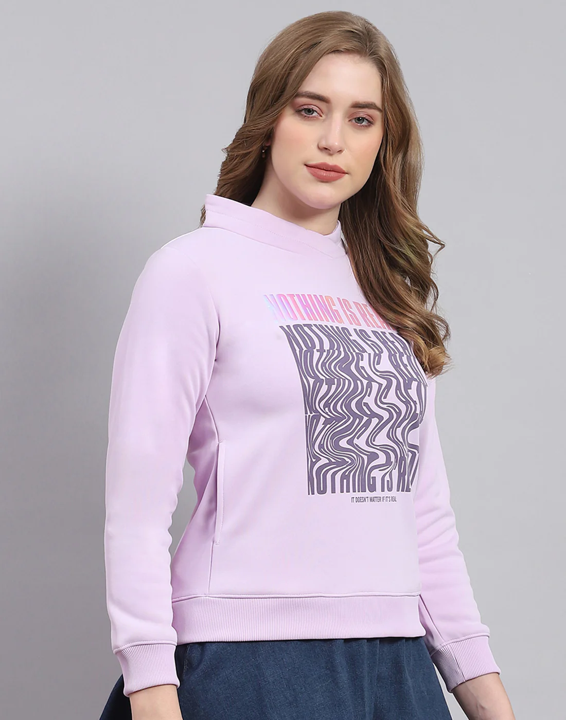 Women Purple Printed H Neck Full Sleeve Sweatshirt - Image 4