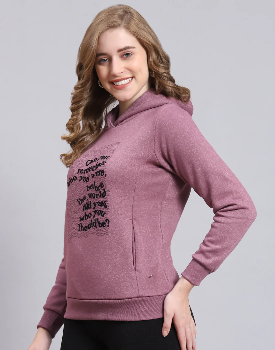 Women Purple Printed Hooded Full Sleeve Sweatshirt - Image 3