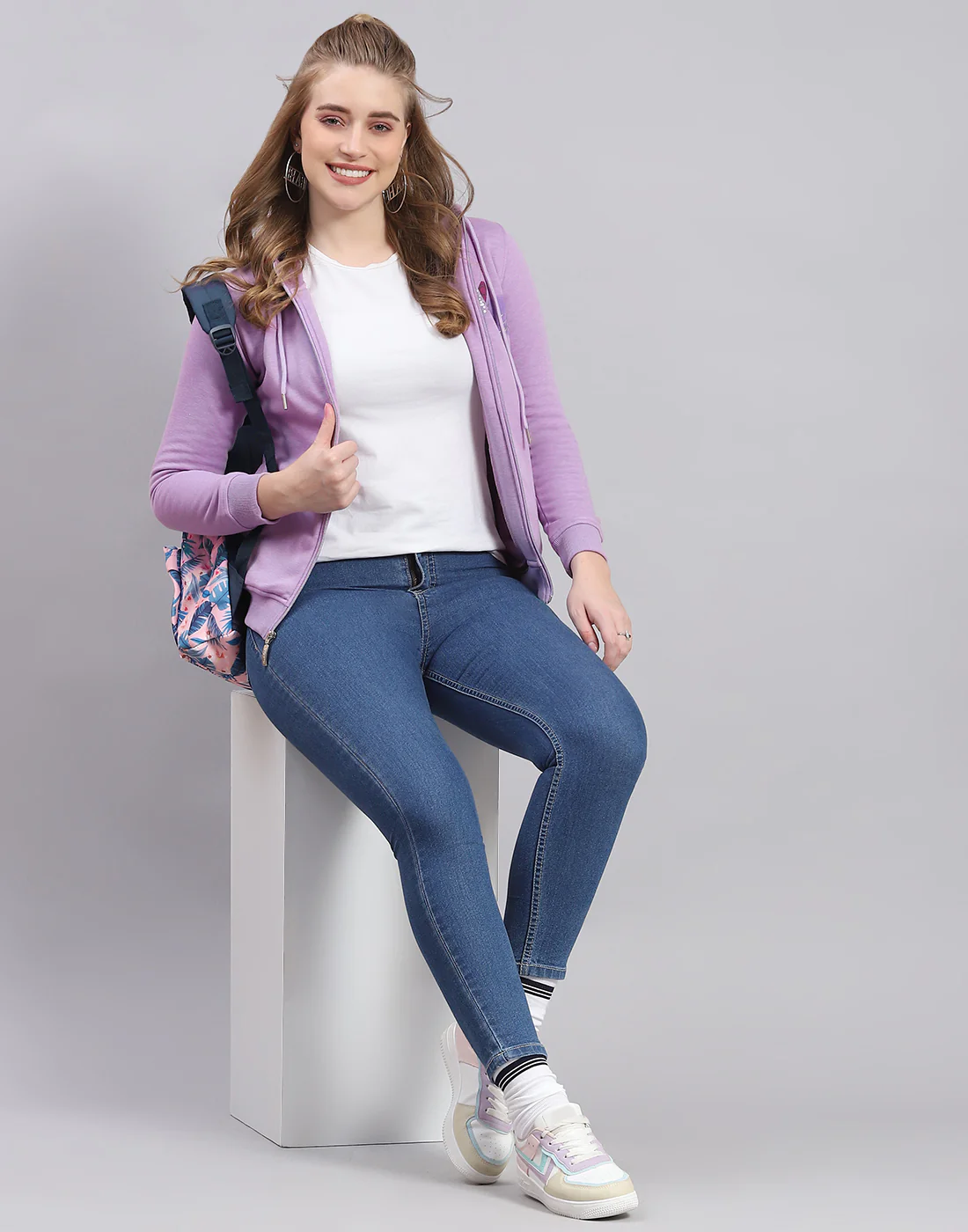 Women Purple Printed Hooded Full Sleeve Sweatshirt - Image 2