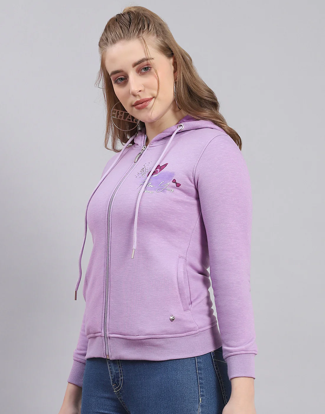 Women Purple Printed Hooded Full Sleeve Sweatshirt - Image 3