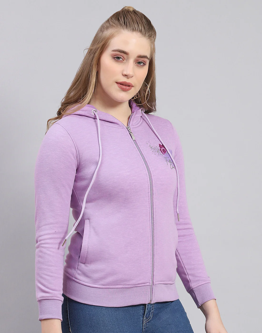 Women Purple Printed Hooded Full Sleeve Sweatshirt - Image 4