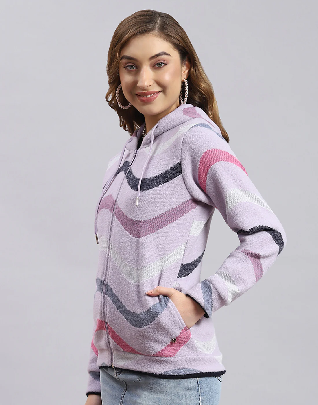 Women Purple Printed Hooded Full Sleeve Sweatshirt - Image 3