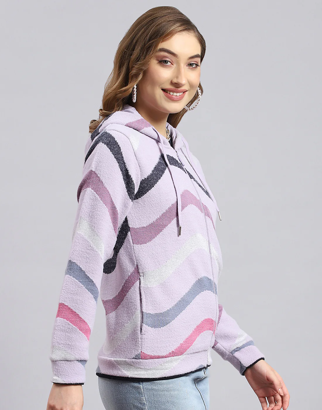 Women Purple Printed Hooded Full Sleeve Sweatshirt - Image 4