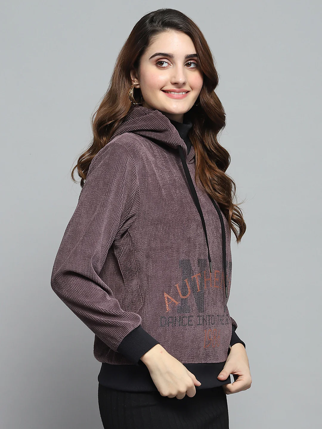 Women Purple Printed Hooded Full Sleeve Sweatshirt - Image 4