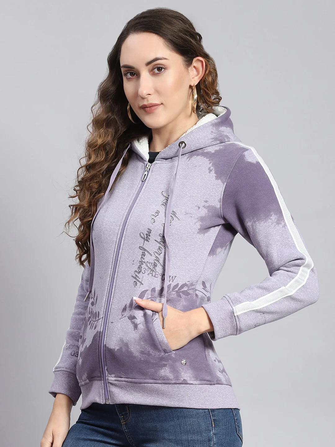Women Purple Printed Hooded Full Sleeve Sweatshirts - Image 3