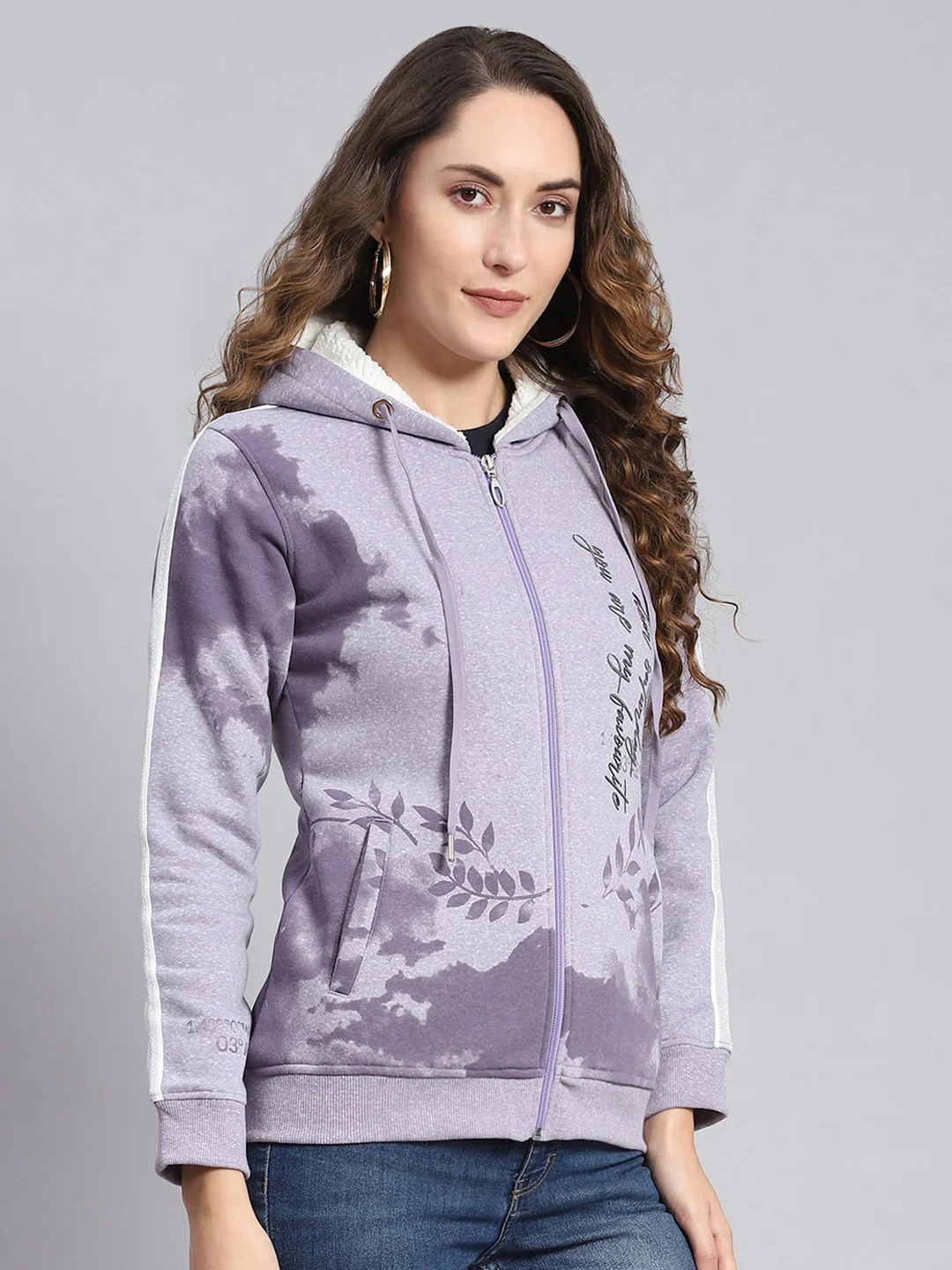 Women Purple Printed Hooded Full Sleeve Sweatshirts - Image 4
