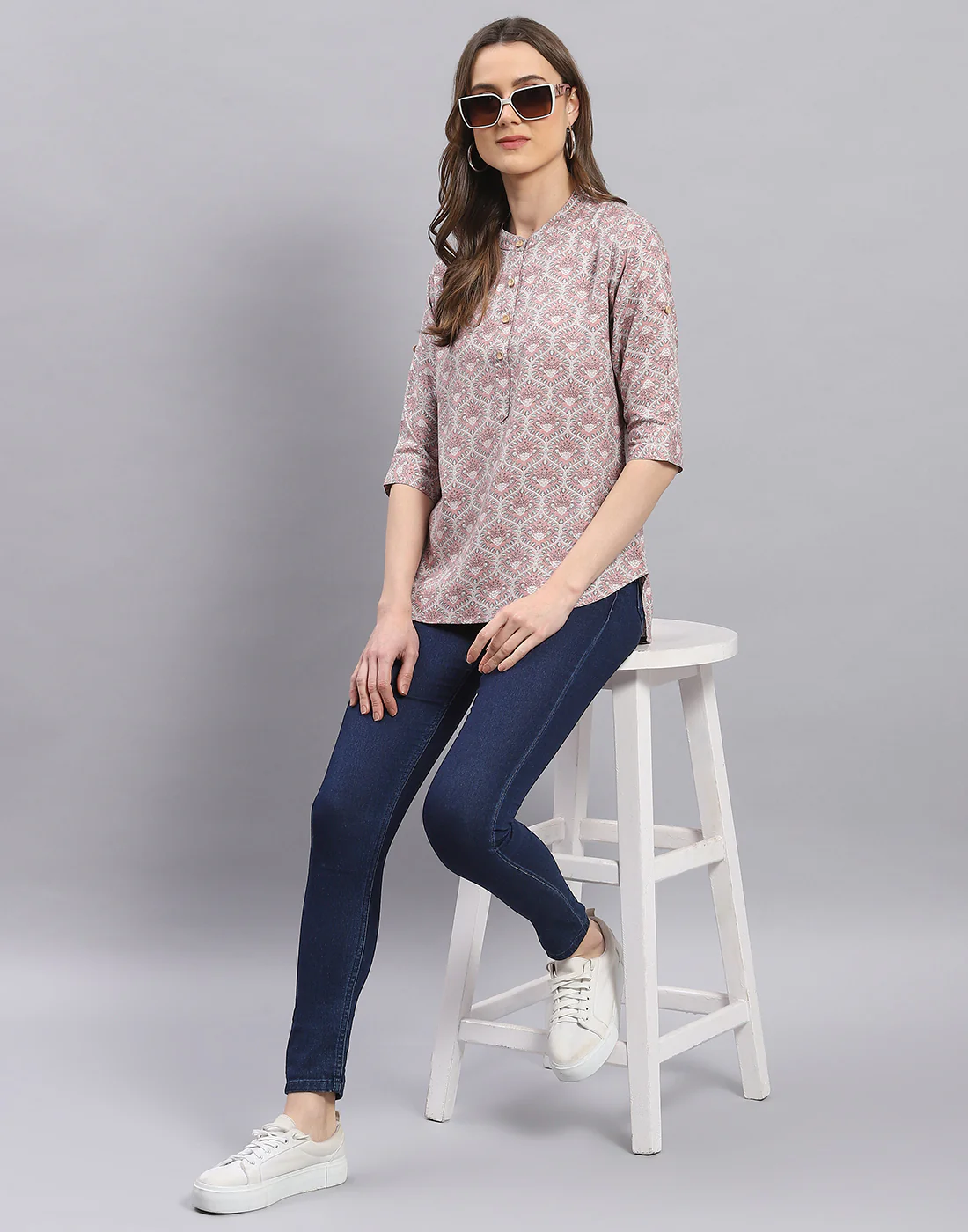 Women Purple Printed Mandarin Collar 3/4 Sleeve Top - Image 2