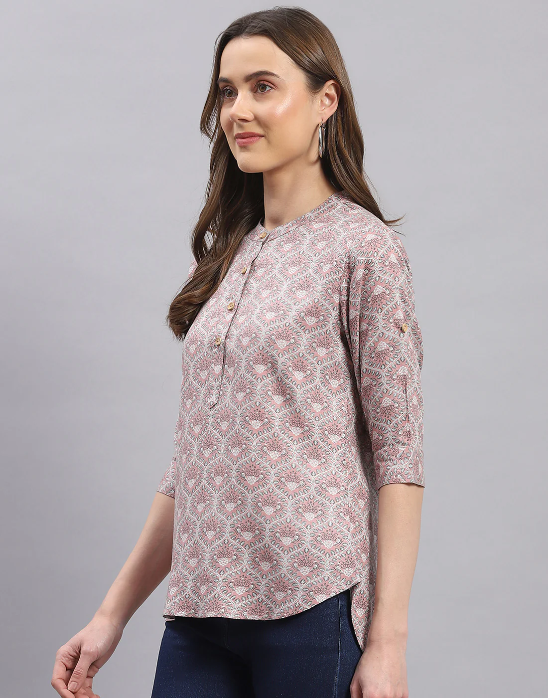 Women Purple Printed Mandarin Collar 3/4 Sleeve Top - Image 4
