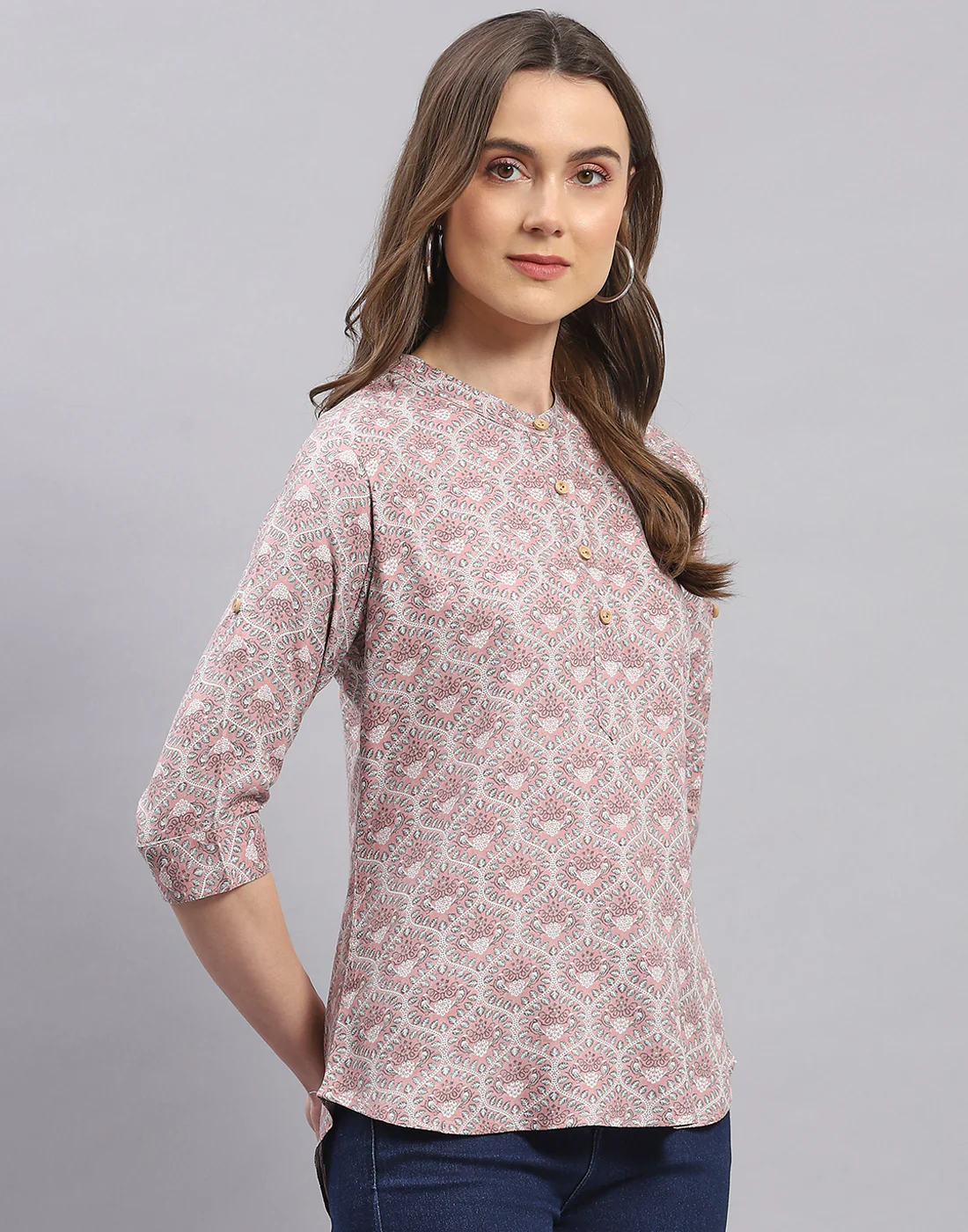 Women Purple Printed Mandarin Collar 3/4 Sleeve Top - Image 5