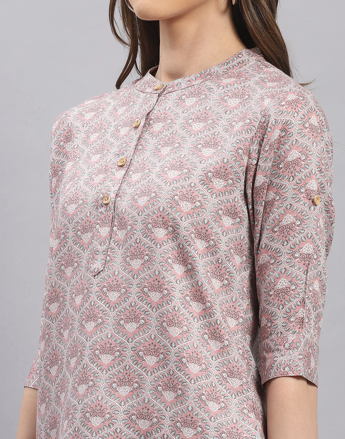 Women Purple Printed Mandarin Collar 3/4 Sleeve Top - Image 7