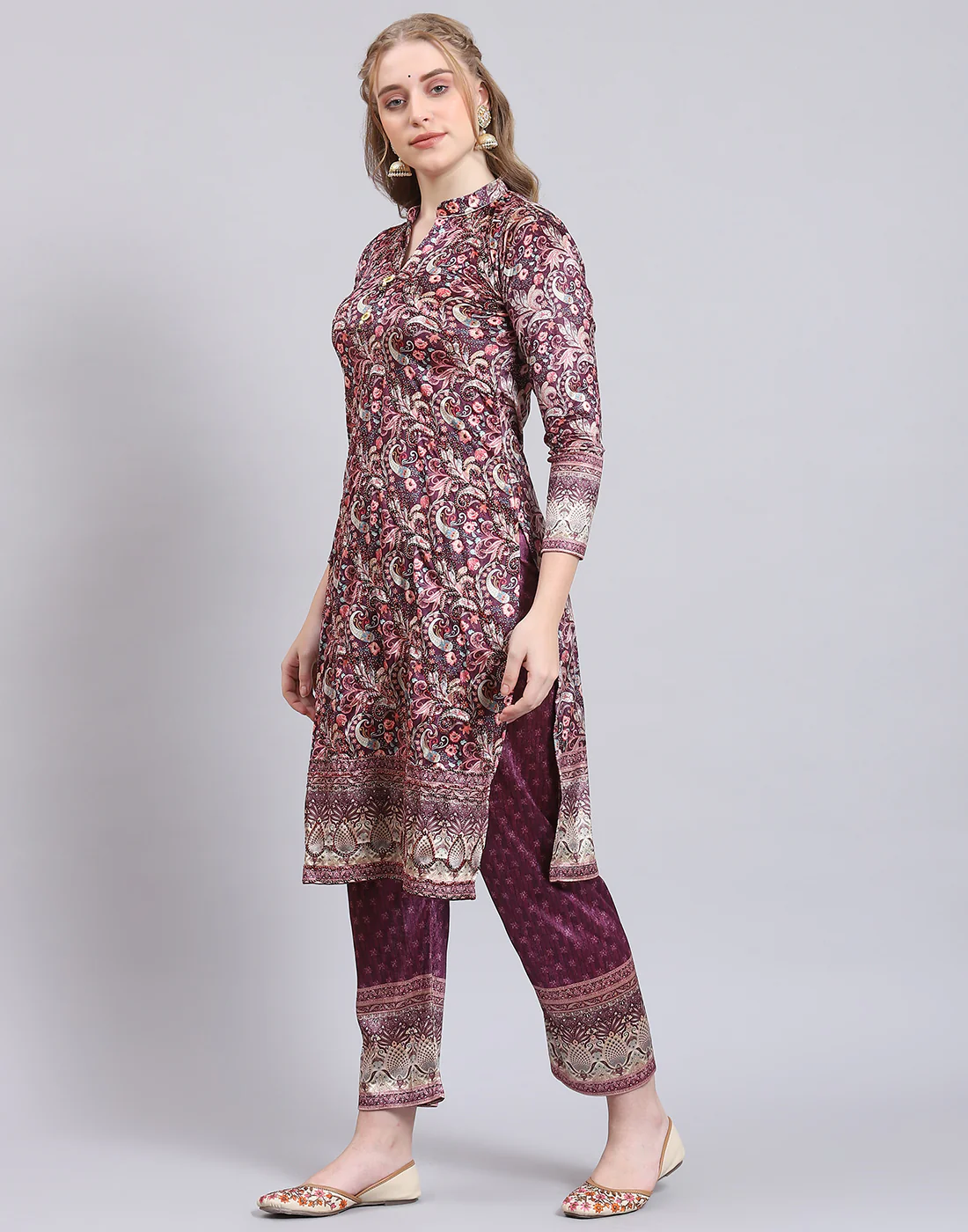 Women Purple Printed Mandarin Collar 3/4th Sleeve Kurtis Set - Image 3