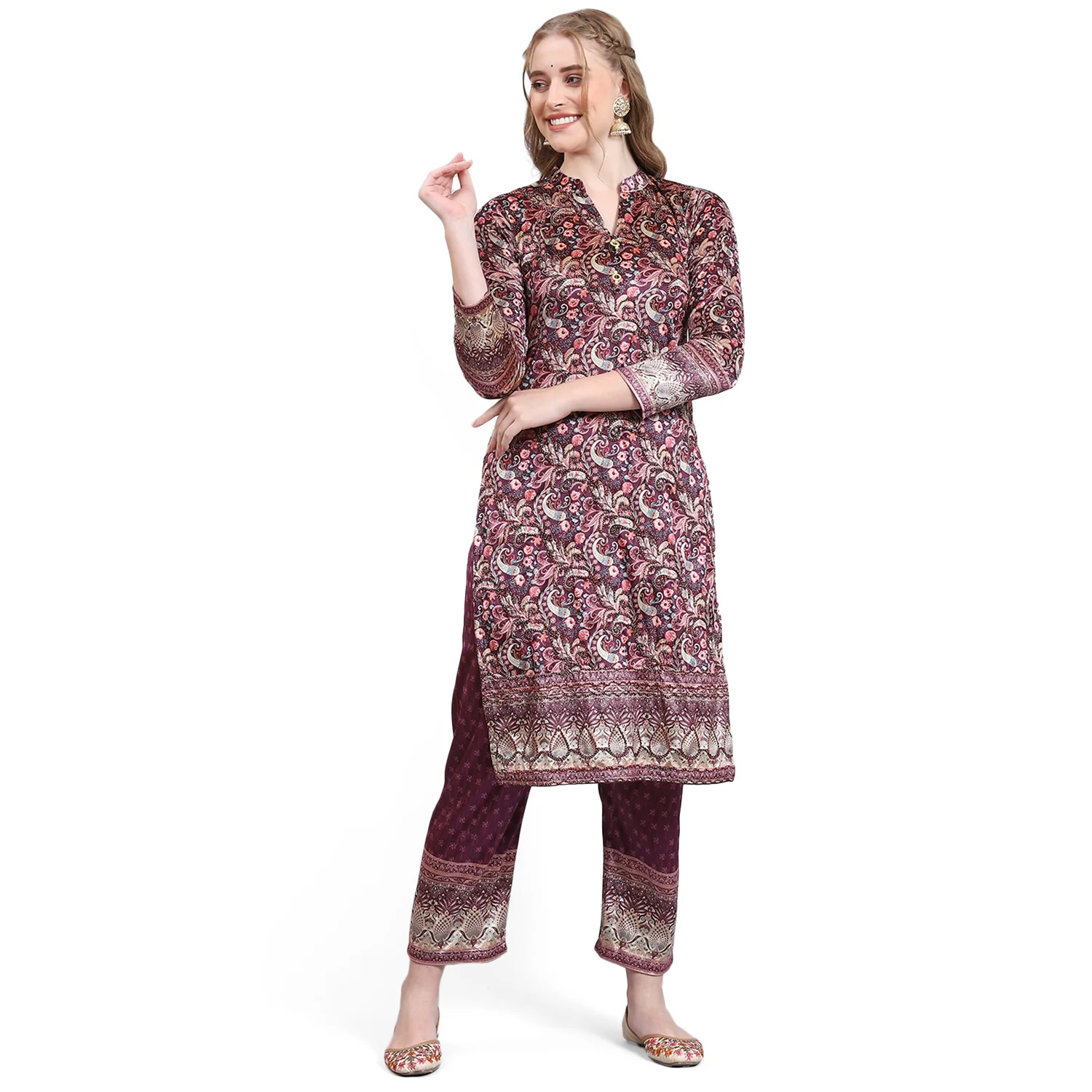 Women Purple Printed Mandarin Collar 3/4th Sleeve Kurtis Set - Image 5
