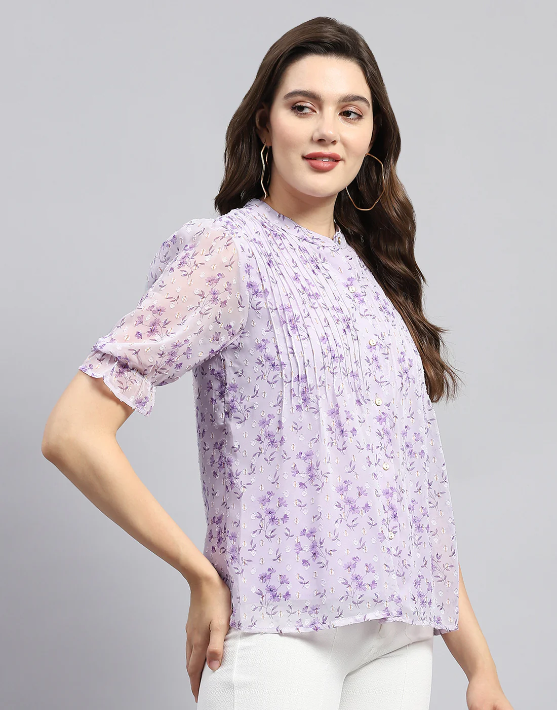 Women Purple Printed Mandarin Neck Half Sleeve Top - Image 4