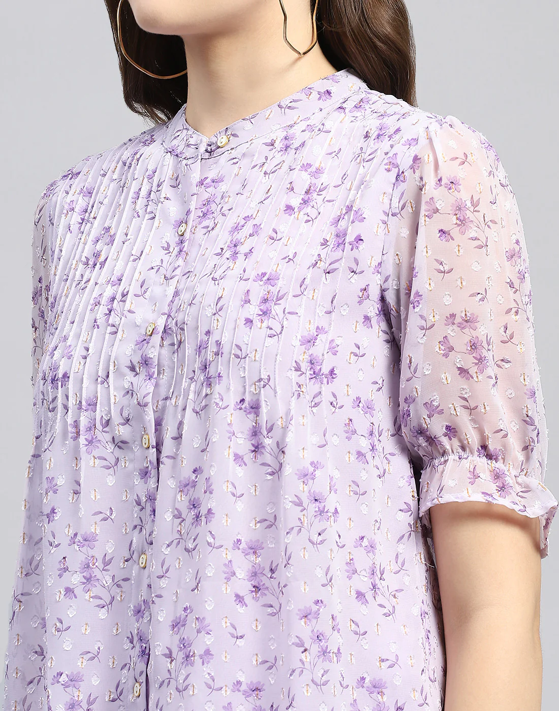 Women Purple Printed Mandarin Neck Half Sleeve Top - Image 6