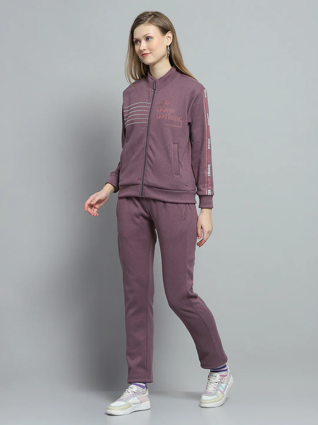 Women Purple Printed Mock Neck Full Sleeve Tracksuit - Image 3