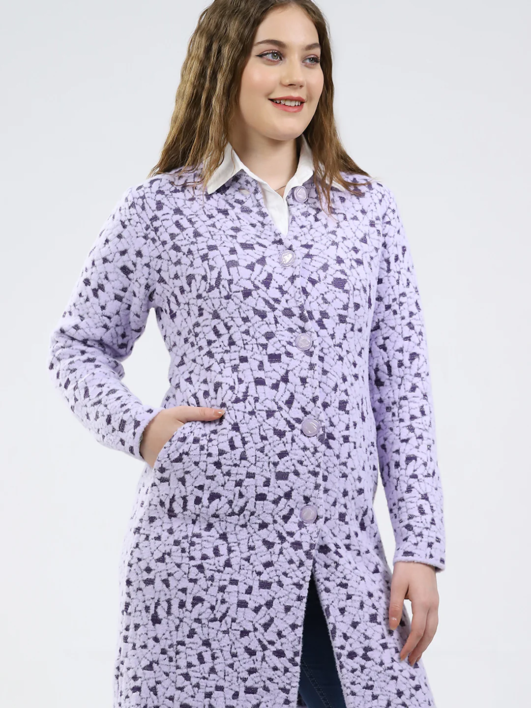 Women Purple Printed Round Neck Full Sleeve Knitted Coat - Image 7
