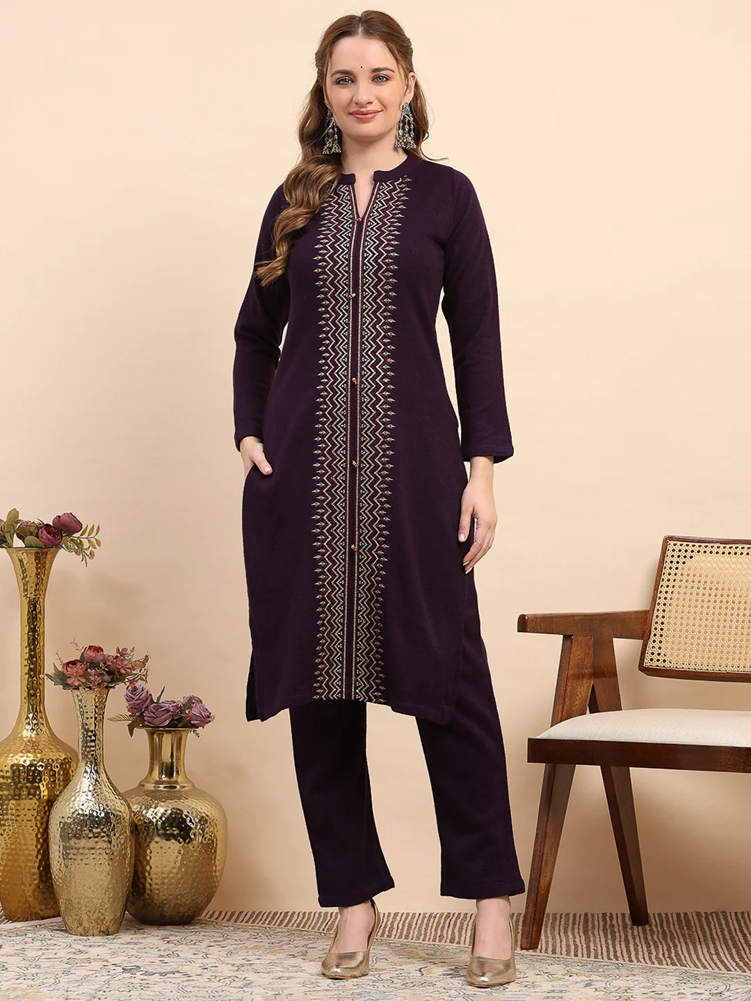 Women Purple Printed Round Neck Full Sleeve Kurti Set for Winter