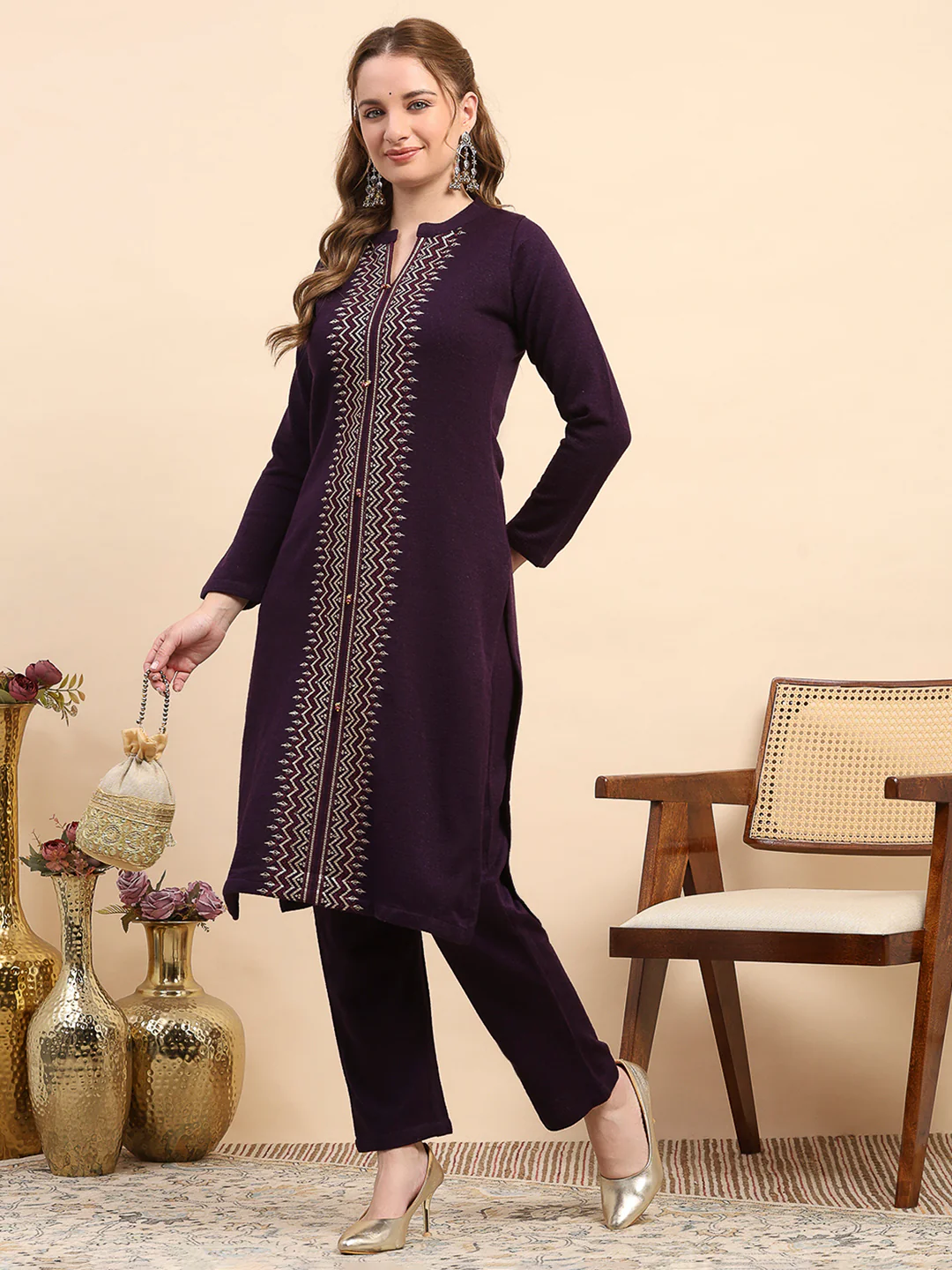 Women Purple Printed Round Neck Full Sleeve Kurti Set for Winter - Image 2