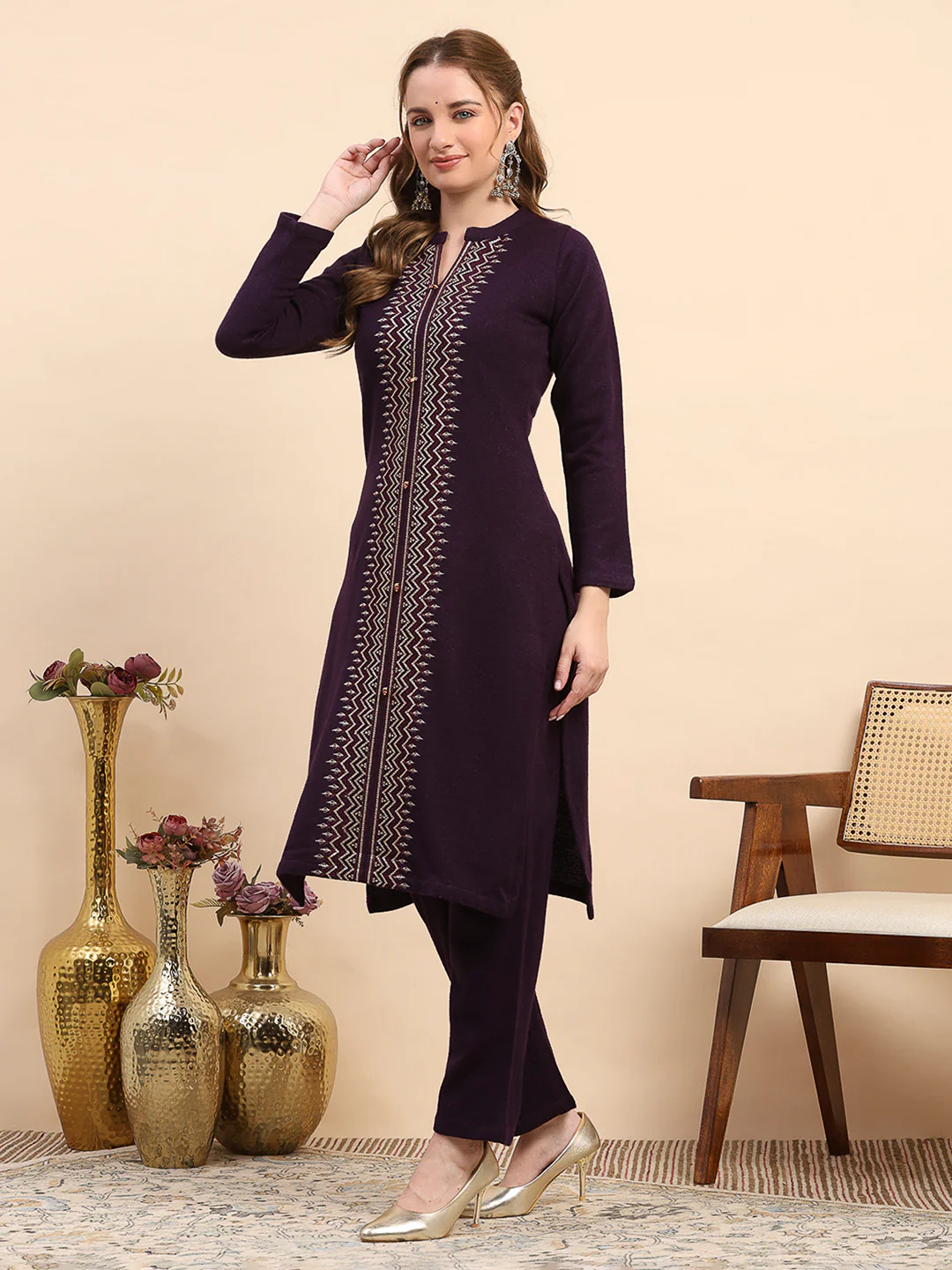Women Purple Printed Round Neck Full Sleeve Kurti Set for Winter - Image 3