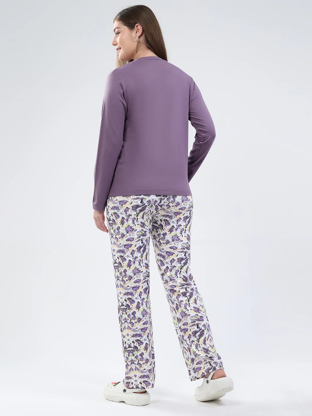 Women Purple Printed Round Neck Full Sleeve Lower Set - Image 5