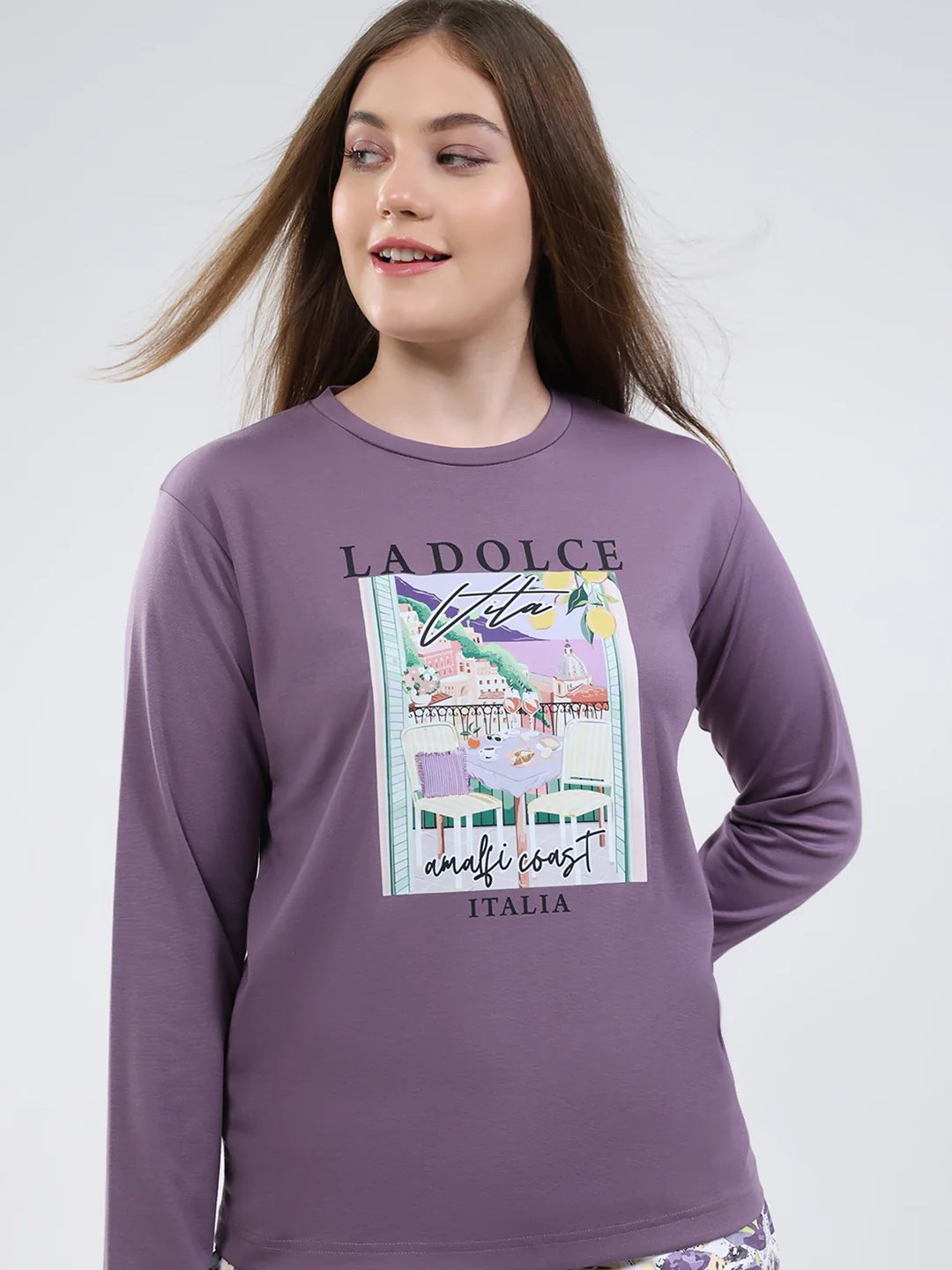 Women Purple Printed Round Neck Full Sleeve Lower Set - Image 7