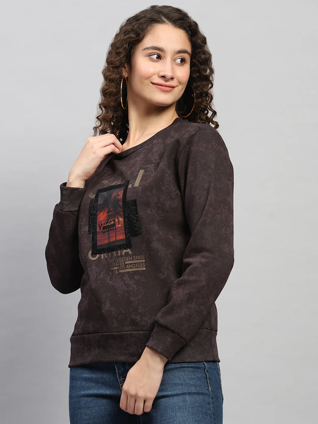 Women Purple Printed Round Neck Full Sleeve Sweatshirt - Image 3