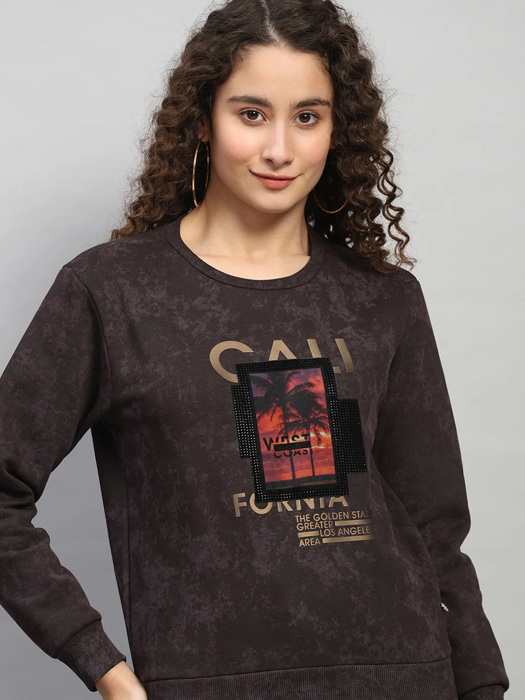 Women Purple Printed Round Neck Full Sleeve Sweatshirt - Image 6