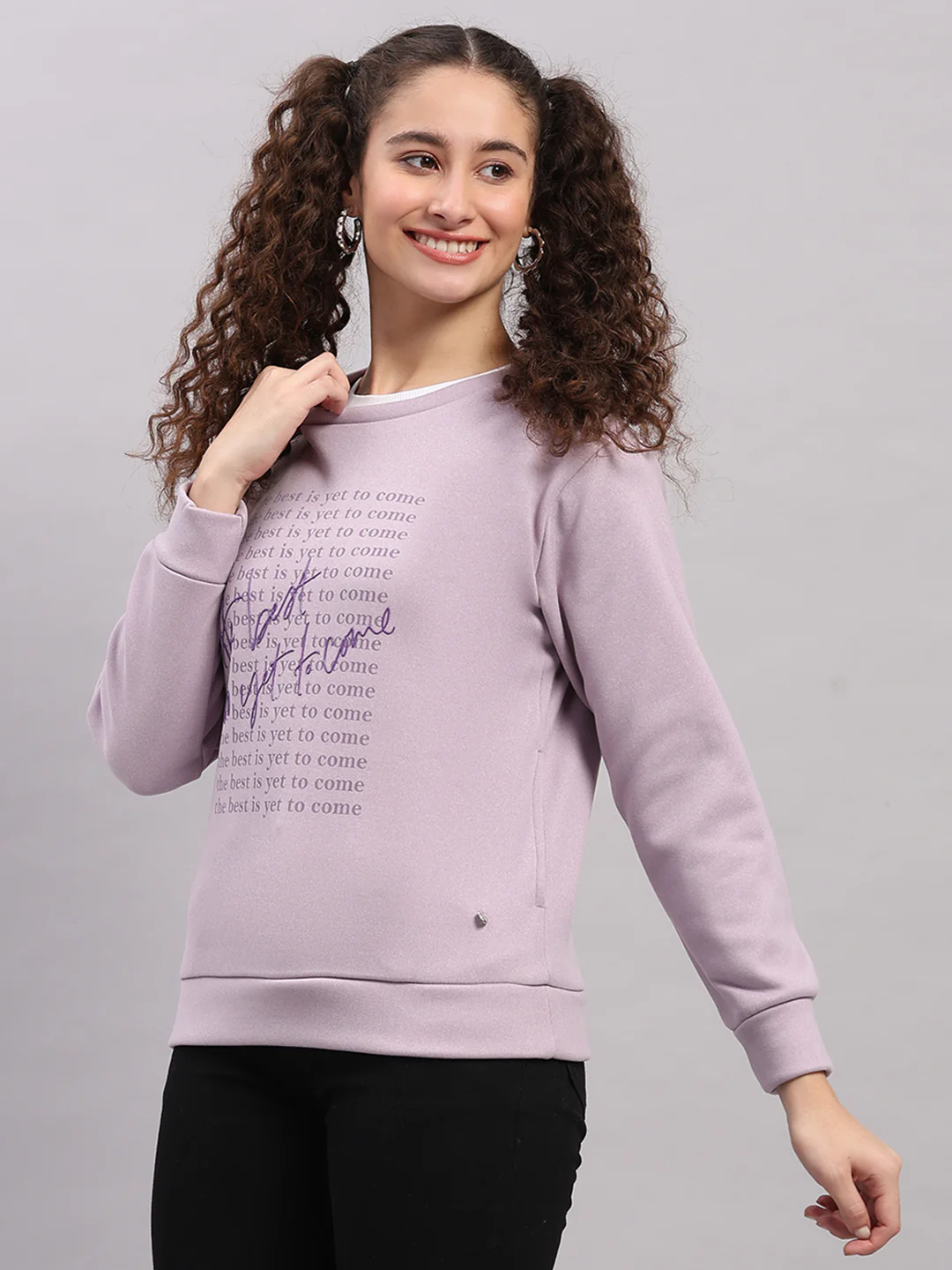 Women Purple Printed Round Neck Full Sleeve Sweatshirt - Image 3