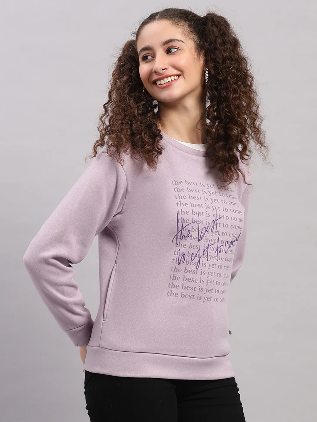 Women Purple Printed Round Neck Full Sleeve Sweatshirt - Image 4
