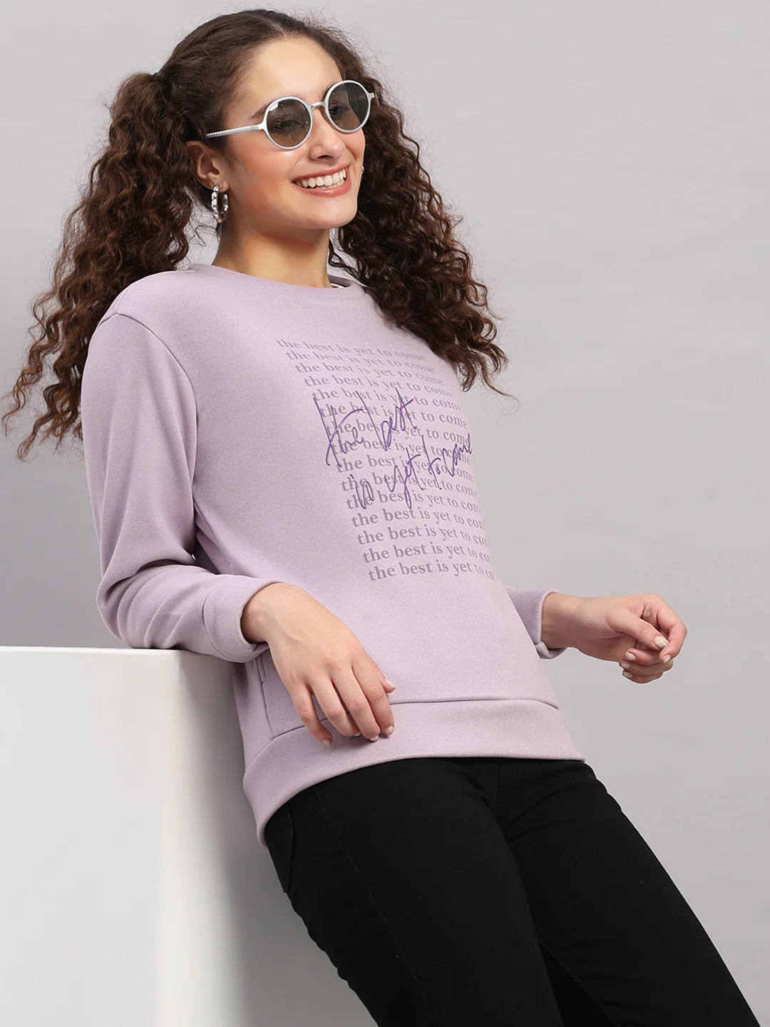 Women Purple Printed Round Neck Full Sleeve Sweatshirt - Image 6